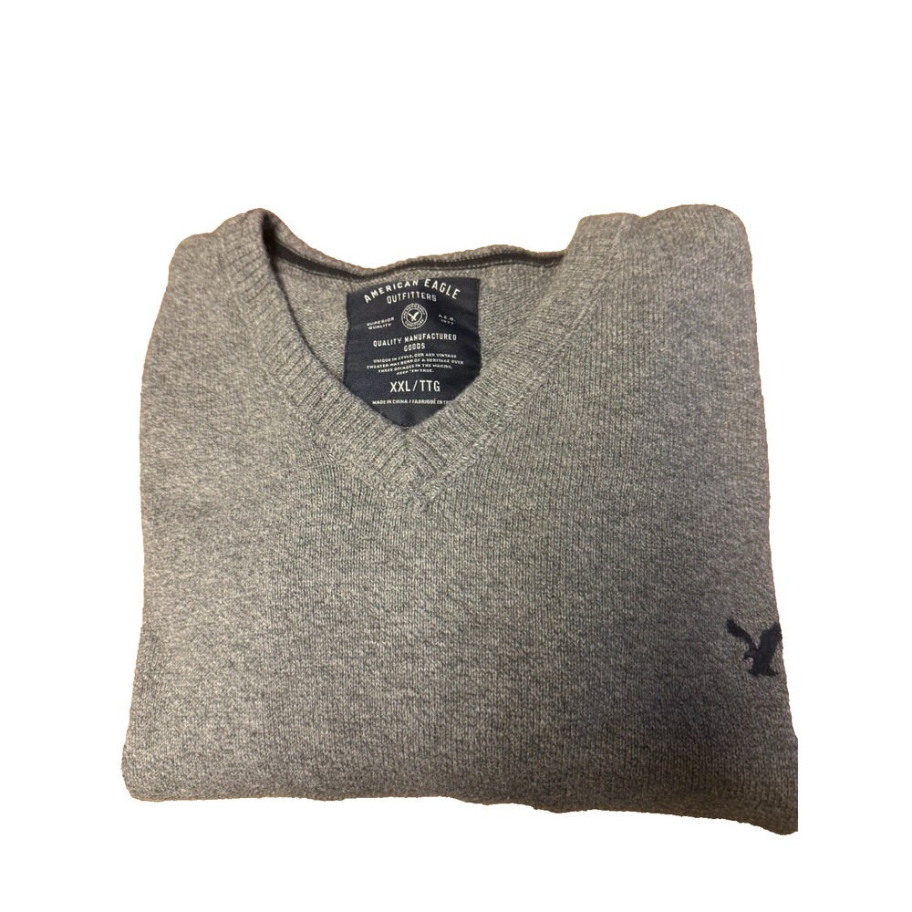 American Eagle Heather Grey V Neck Ribbed Hem Men's Sweater Size XXL‎